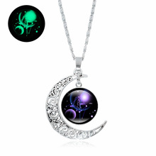 Glow In The Dark 12 Constellation Necklace Zodiac Jewelry Glass Dome  Crescent Moon Pendant Luminous Necklace Family Gifts 2024 - buy cheap