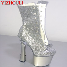 Ladies' platform boots, sexy sequined heels, stylish lace-up side zippers, 18cm model banquet ankle boots 2024 - buy cheap