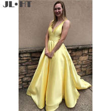 Simple Yellow In Stock Evening Dresses A-Line V-Neck Sleeveless Prom Dress Satin Sweep Train Evening Dress Custom Made 2024 - buy cheap