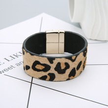 Sauvoo 2019 Leopard Leather Bracelets Hand-Made Horse Hair on Cuff Leopard Leather Printed Wide Magnetic Clasp Bangle for Women 2024 - buy cheap