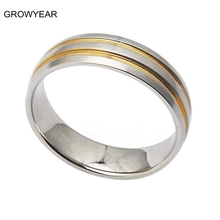 Anel de dedo unissex com duas linhas de ouro, anel de casamento de aço inoxidável, largura 6mm, cor prata, para homens e mulheres, tamanho 8, 9, 10, 11, 12, 13 2024 - compre barato