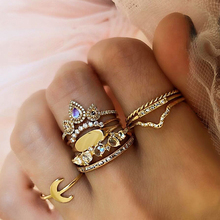 Комплект женских золотых колец в стиле ретро, 9 шт./компл., кольцо в форме капли воды и Луны с V-образным кристаллом, богемные женские ювелирные изделия для свадебной вечеринки, аксессуары 2024 - купить недорого
