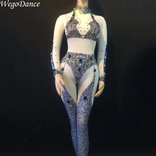 new Sexy Mesh Multicolor Rhinestones Mesh Jumpsuit Long Sleeve Stretch Leggings Singer Costume Women's Dance Birthday Outfit 2024 - buy cheap