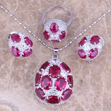 Excelente conjunto de joyería Chapado en plata de circonia cúbica roja, pendientes, anillo colgante tamaño 5 / 6 / 7 / 8 / 9 / 10 S0241 2024 - compra barato