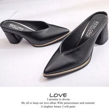 Leather Women Slippers High Heels Shoes Mules Brand Pointed Toe Summer Shoes Woman Black Thick Heel Outdoor Slippers Size 34-39 2024 - buy cheap