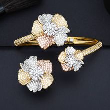 Novidade flor floral moda luxo 3 tons conjunto completo aaa zircônia cúbica mulheres pulseira bracelete conjunto de joias vestido 2024 - compre barato