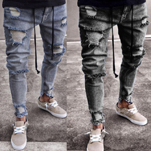Мужские джинсы, серые джинсы, тонкие рваные джинсы с дырками, модные обтягивающие джинсы-карандаш в стиле хип-хоп для мужчин, Стрейчевые джинсы в стиле пэчворк для мужчин 2024 - купить недорого