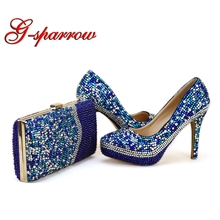 Royal Blue Rhinestone Wedding Shoes with Purse Handmade Gorgeous Party Prom Pumps Matching Bag Cinderella Prom High Heels Clutch 2024 - buy cheap