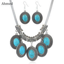 Ahmed Retro Antique Synthetic Stone Water Pendant Necklace Earrings Sets for Women Fashion Boho Vintage Jewelry Set Gifts 2024 - buy cheap