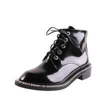 2018 Shoes Woman Genuine Leather Black  White Low-Heel Ankle Boots Round Toe Sliver Chains Decor Lace up Short Women Boots 2024 - buy cheap
