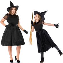 Костюм для взрослых, женщин, мамы, детей, девочек, готический костюм в стиле Хэллоуин, мортика, Аддамс, призрак, ведьма, страшный черный напольный костюм, платье + шляпа 2024 - купить недорого