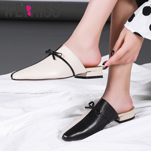 WETKISS Thick Low Heels Slippers Women 2019 New Women Slides Shoes Leather Summer Shoes Female Pointed Toe Stitching Mules Shoes 2024 - buy cheap