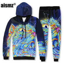 Aismz New Fashion Two Piece Men Women Tracksuit Clothing Sets 3D Print Colorful Animal Cat Sweatshirt+Pants Fitness Tops Set 2024 - buy cheap