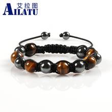 Ailatu New Arrival Braided Bracelet Made of 10mm Tigers' Eye Gem and Hematite Beads with Macrame for Men 2024 - buy cheap