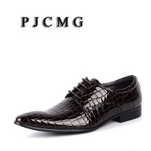 PJCMG New Fashion Black/Brown/Red/Blue Genuine Leather Lace-Up Pointed Toe Flat Man Casual Classic Formal Dress Shoes 2024 - buy cheap