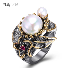 Ylme anel feminino de luxo, joias vintage com folha de pérola e flor, máscara para festa, acessórios de joias 2024 - compre barato