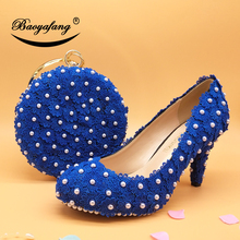 BaoYaFang-zapatos y bolsas de boda con flores azules reales, tacones de salón, zapatos de vestir de fiesta con perlas de encaje para mujer, novedad de 2019 2024 - compra barato