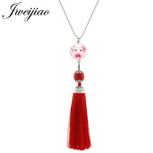 JWEIJIAO Cute Pet Pig Charms Long Red Fringed Tassel Necklaces Glass Cabochon Photo Pendant Female Bohemia Jewelry  QF707 2024 - buy cheap