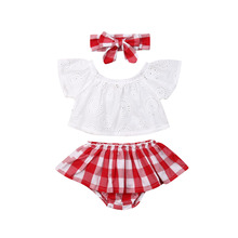 Conjunto de roupas para bebês recém-nascidos de 0 a 24 meses, camiseta branca com ombro de fora + saia xadrez vermelha + tiara, fantasia de verão para meninas 2024 - compre barato
