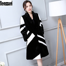 Nerazzurri Faux Fur Coat Women White And Black Contrast Color Luxury Knee Length Imitation Rabbit fur Overcoat Korean Fashion 2024 - buy cheap