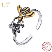 Anel 100% de prata esterlina feminino u7, anel aberto com flor de abelha, ajustável, presente de dia dos namorados, joias de casamento sc264 2024 - compre barato