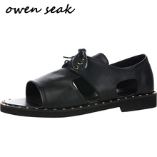Owen Seak-sandalias romanas para hombre, zapatos de gladiador de cuero genuino, zapatillas con correa de hebilla, chanclas deslizantes de verano 2024 - compra barato