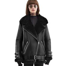 plua size 2XL!Women lamb hair motorcycle PU leather autumn and winter new fashion turn down collar thick coat 2024 - buy cheap