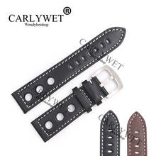 CARLYWET 22mm Real Calf Leather Handmade Black Brown with White Stitches Wrist Watch Band Strap Belt Clasp For Rolex Omega IWC 2024 - buy cheap
