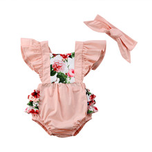 0-24M Cute Baby Floral Bodysuits+ Headband Summer 2pcs Sleeveless Ruched Jumpsuits Casual Newborn Kids Girls Pink Playsuits 2024 - buy cheap