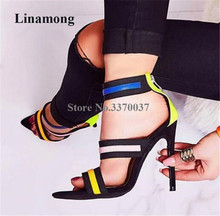 Newest Women Fashion Open Pointed Toe Stripes Stiletto Heel Sandals Back Zipper-up Patchwork High Heel Sandals Dress Heels Shoes 2024 - buy cheap