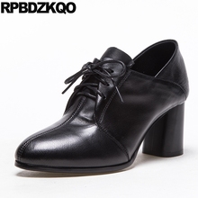 Zapatos italianos de tacón alto con cordones para mujer, calzado Oxford 2021 de piel auténtica, talla 4, 34, bloque de 3 pulgadas, color negro, punta estrecha, pasarela famosa 2024 - compra barato