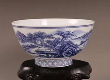 Requintado chinês estilo clássico azul e branco porcelana belas paisagens auspicioso tigela 2024 - compre barato