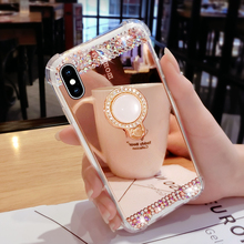 Capa espelhada com pedras preciosas, suporte de anel, com diamante, anti-choque, para iphone 11 pro xs max xr x 8 7 6 6s plus 2024 - compre barato