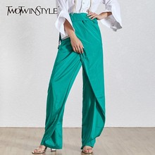 TWOTWINSTYLE Summer Solid Chiffon Trousers For Women High Waist Ruffles Drawstring Bandage Wide Leg Pants Female Fashion 2020 2024 - buy cheap