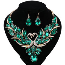 Luxury Gold Color Green Crystal New Collier Femme Double Swan Statement Necklace Earring For Women Party Wedding Jewelry Sets 2024 - buy cheap
