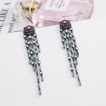 Bilincolor long black gun plated vintage purple rose flower with green tassel earring for women 2024 - buy cheap