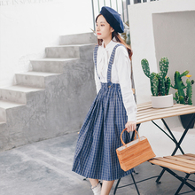 Mori Girl Women Elastic Waist Midi Suspender Skirt Japanese Preppy Cute Blue White Plaid A Line Skirt Autumn Vintage Long Skirt 2024 - buy cheap