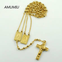 AMUMIU Gold Color Rosary Beads Jesus Piece Cross Religious Stainless Steel Necklace Womens Mens gold chain for men Hot HZN079 2024 - buy cheap