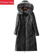 Winter Black Real Sheepskin Genuine Leather Down Coat Women Fox Fur Hooded Warm Long Office Ladies Slim Overcoat Coat Outerwear 2024 - buy cheap
