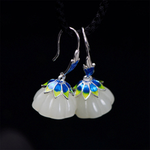 MetJakt Natural Pair Lotus Hetian Jade Drop Earrings with Vintage Enamel Solid 925 Sterling Silver Earring for Women's Jewelry 2024 - buy cheap