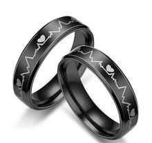 Anel preto com formato de coração e batimentos cardíacos, joia de aço inoxidável para homens, punk, anel preto com coração 2024 - compre barato