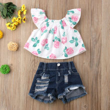 2019 Toddler Kid Baby Girl Clothes Off Shoulder Flower Tops +Ripped Shorts Outfits Summer Baby Girl Fashion Sets 2024 - buy cheap