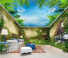 Beibehang papel de parede personalizado 3d para quarto de crianças, papel de parede fantasia de floresta, cabana, flor e pássaros, plano de fundo de casa inteira 3d 2024 - compre barato