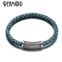 REAMOR Vintage Blue Genuine Leather Braided Bracelets Men Women 316l Stainless steel Magnet buckle Charm Cuff Bangle Wristband 2024 - compre barato