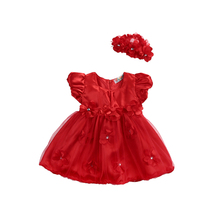 Fashion Cute Summer New Baby Girls O-Neck Floral Bow Lace Red Knee-Length Tutu Princess Dress Headband 2PCS Outfit Party 0-3Y 2024 - buy cheap