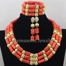 Handmade 3 Rows Nigerian Wedding Coral Beads Jewelry Set African Bridal Costume Dubai Gold Jewelry Set Free Shipping CNR359 2024 - buy cheap