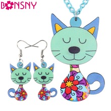 Bonsny-Conjunto de collar y pendientes de gato acrílico, gargantilla de diseño Animal, joyería de moda, regalo para mujer y Niña 2016 2024 - compra barato