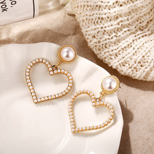 LUBOV Shining Rhinestone Inlaid Gold Color Metal Heart Frame Dangle Earrings Imitation Pearl Decoration Women Drop Earrings 2019 2024 - buy cheap