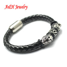 10pcs High Quality Genuine Leather With Stainless Steel Lion Head Charm Beads Fashion Men Bracelets #15 2024 - buy cheap