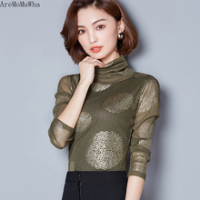 AreMoMuWha Autumn Winter New Fashion High Collar Long-sleeved Women's Lace Bottoming Shirt Plus Velvet Slimming Mesh Shirt MH242 2024 - buy cheap
